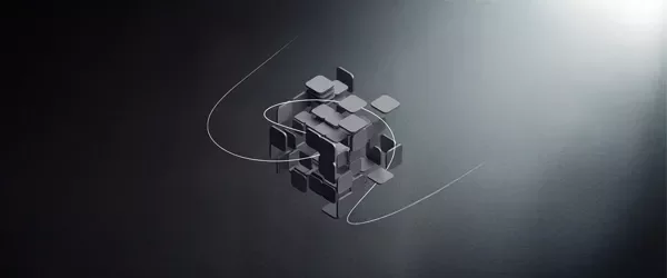 Abstract 3D cube structure made of interconnected smaller cubes, displayed on a dark background.