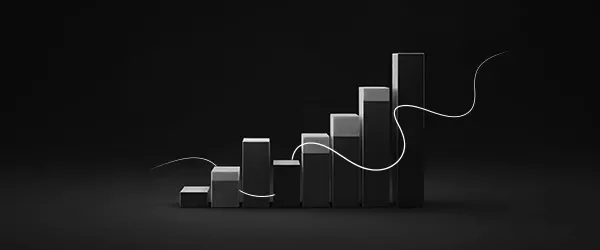 Black 3D bar chart with ascending blocks and a silver line curving around them on a dark background.