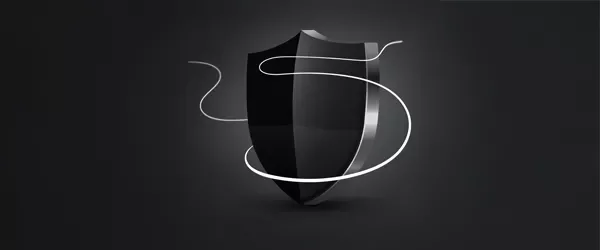 Black shield with a silver line swirling around it on a dark background.