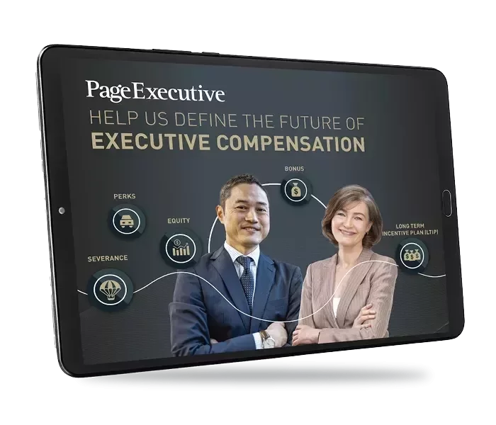 Tablet showing PageExecutive banner about executive compensation with icons for perks, equity, severance, bonus, and long-term incentives.