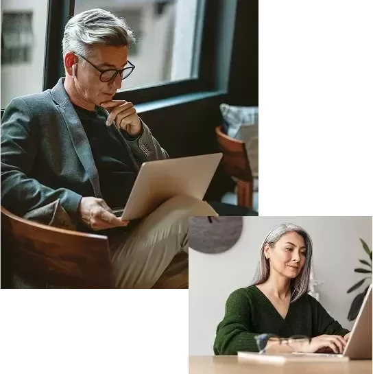 Two people working on laptops in separate indoor settings, shown in a collage layout.