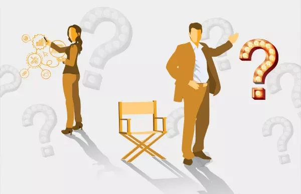 Illustration of two figures, a chair, and question marks in the background.